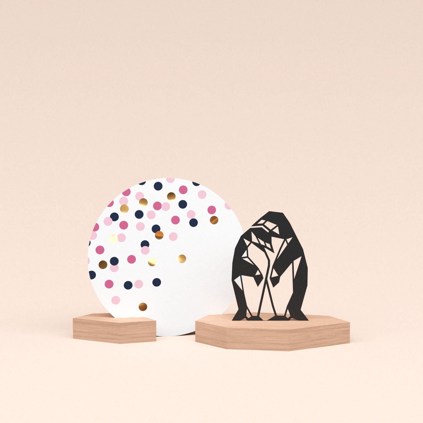 luxe cadeau woondecoratie met pinguin stelletje illustratie en ronde wenskaart confetti roze 