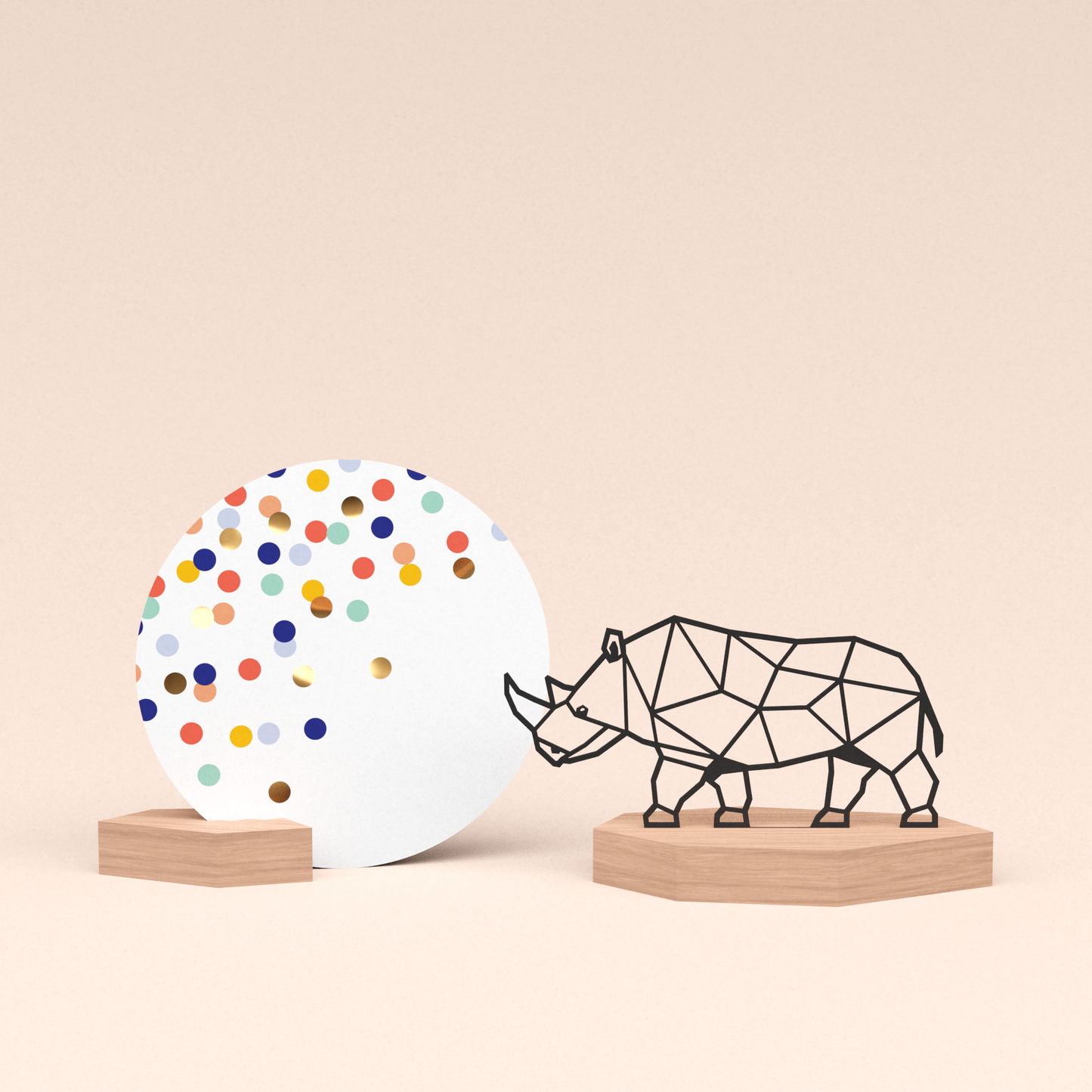 luxe cadeau wenskaarthouder met neushoorn illustratie en ronde wenskaart confetti feest 