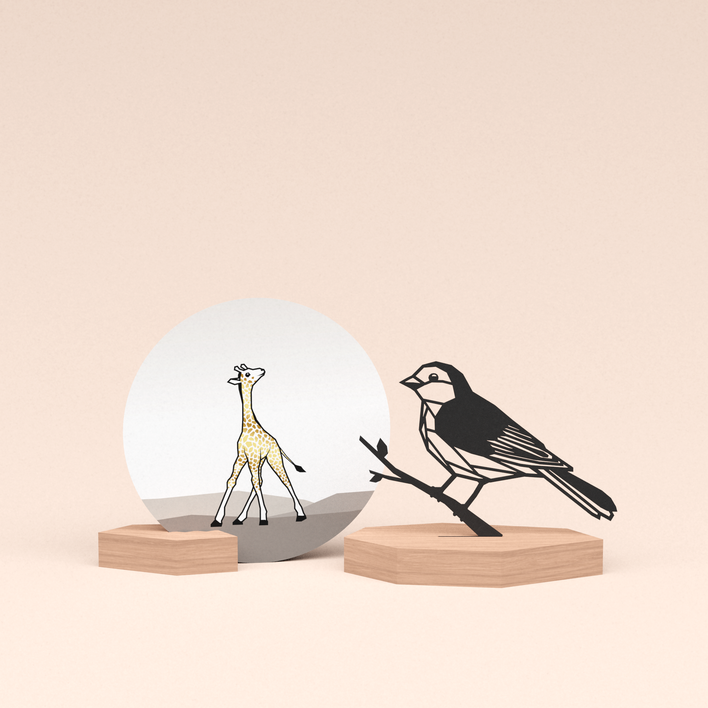 luxe cadeau kaartstandaard met vogel | mus illustratie en ronde kaart girafje 