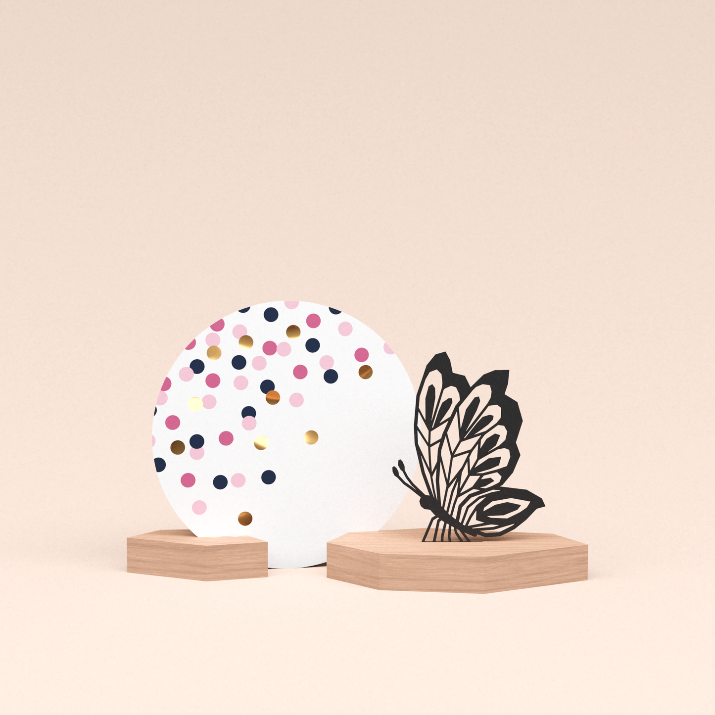 luxe cadeau woondecoratie met vlinder illustratie en ronde wenskaart confetti roze 