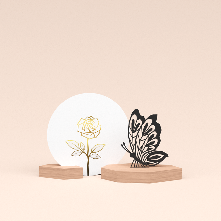 luxe cadeau wenskaarthouder met vlinder illustratie en ronde wenskaart roos wit