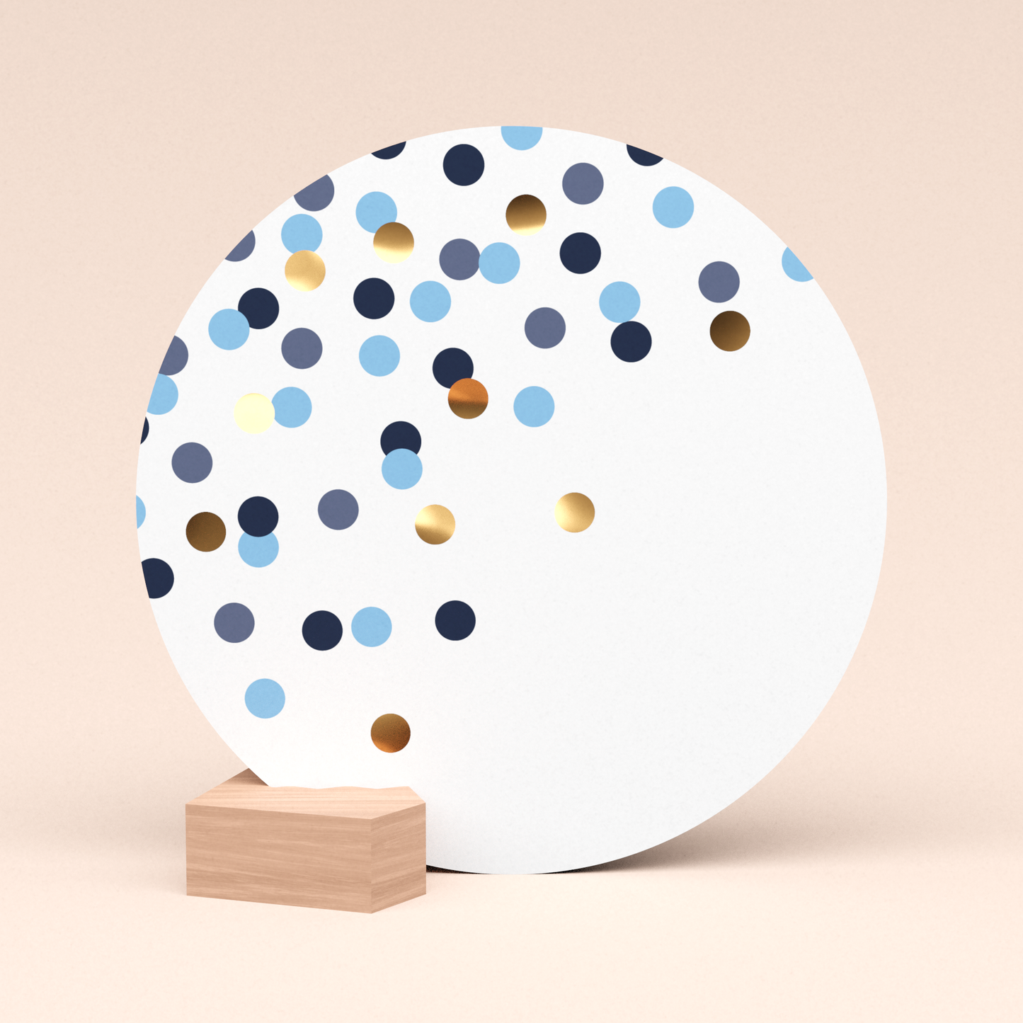 mooie ronde kaart met confetti blauw en goud in houten kaarthouder