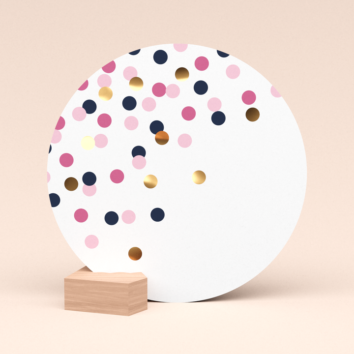 mooie ronde kaart confetti roze met houten kaartblokje  