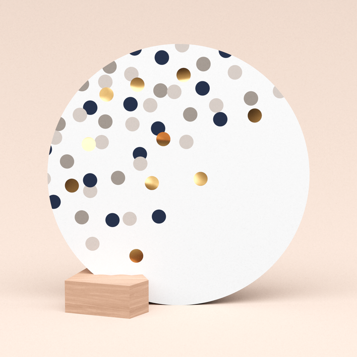 mooie ronde kaart confetti champagne met houten kaartblokje  