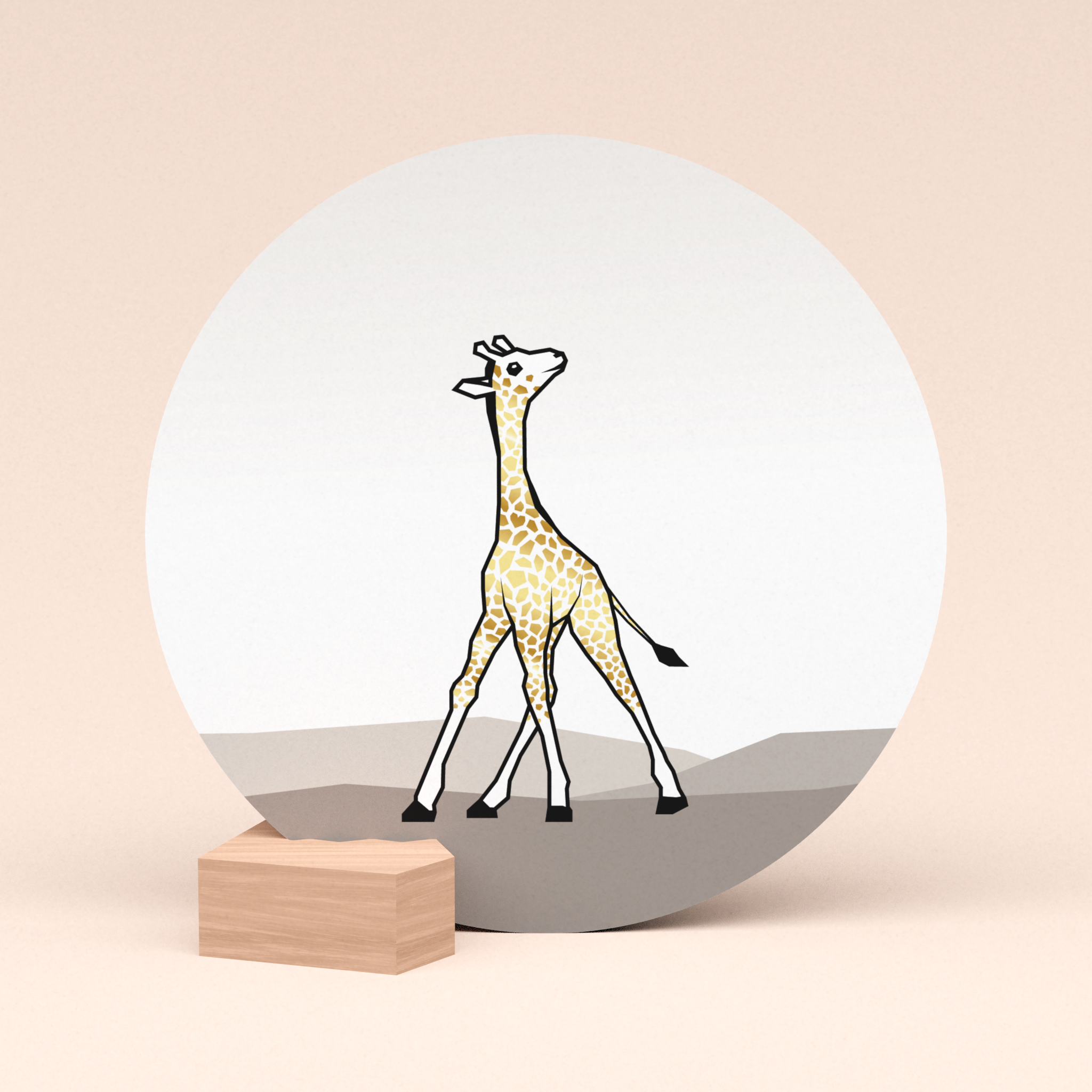 luxe ronde kaart girafje met gouden hartje in houten kaarthouder blokje