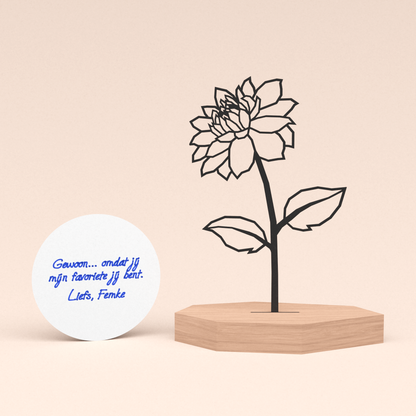 Cadeau voor haar hem - Abstracte bloem in houten standaard met klein rond handgeschreven veel liefs kaartje