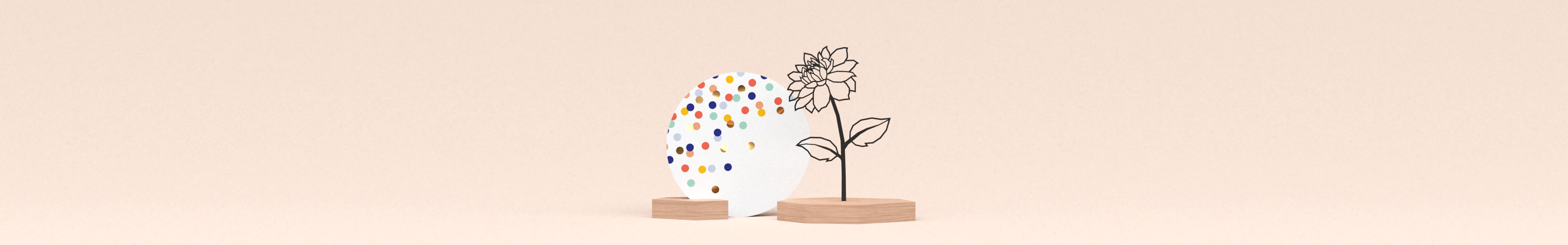 feestelijk cadeau verhuizen samenwonen met matzwarte bloem in houten standaard en ronde wenskaart met gekleurde en gouden confetti