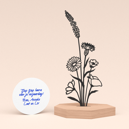 Verjaardag cadeau voor haar - Abstract bloemen boeket in houten standaard met klein rond handgeschreven felicitatie kaartje