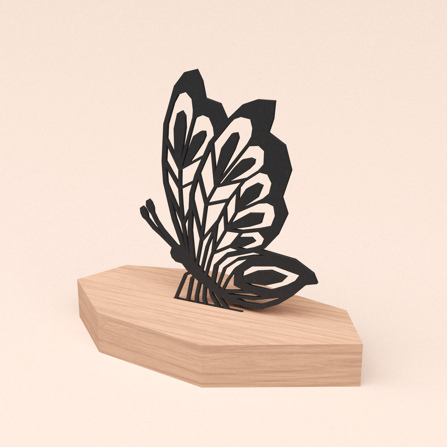 matzwarte design illustratie vlinder in houten standaard  