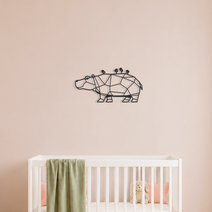 Nijlpaard met vogeltjes wanddecoratie voor de babykamer.