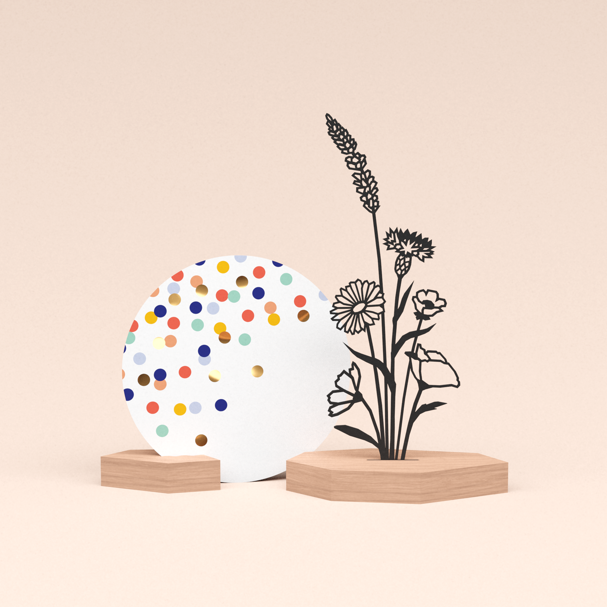 luxe cadeau woondecoratie met bloemenboeket illustratie en ronde wenskaart confetti feest 