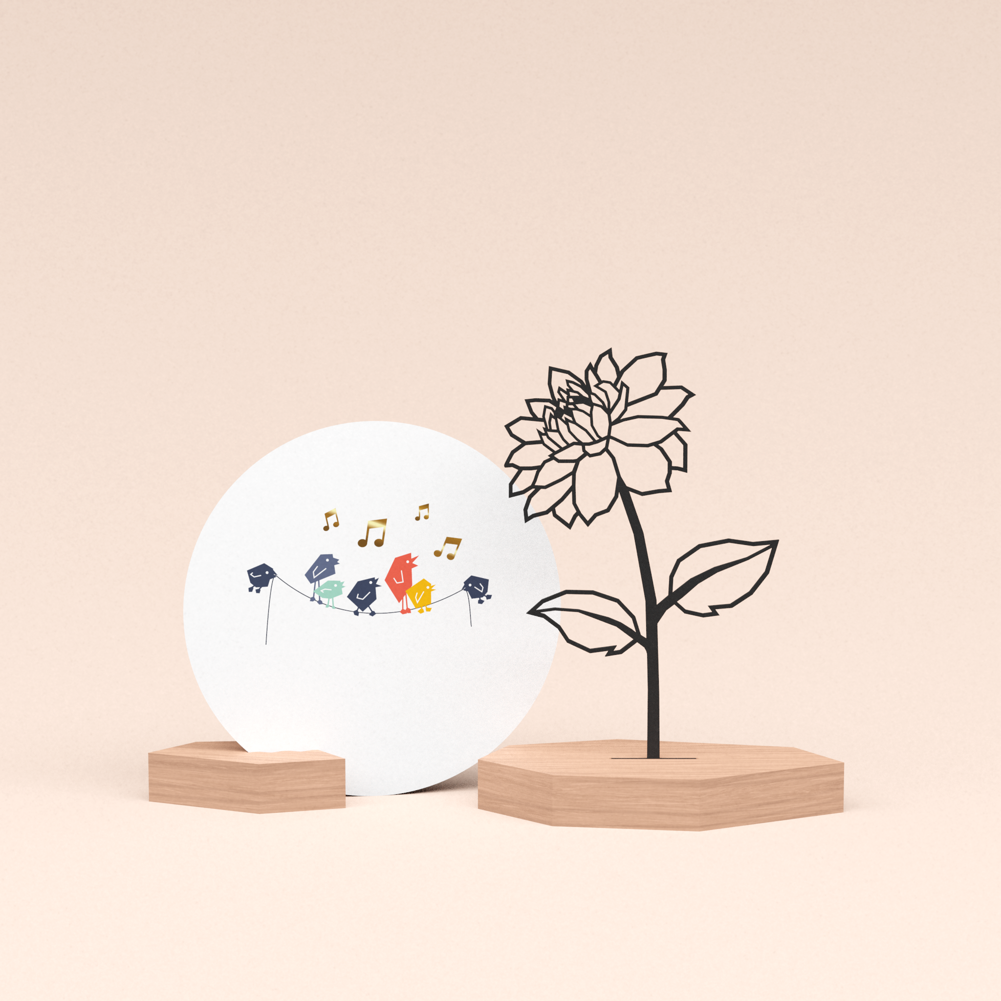 luxe cadeau woondecoratie met bloem | dahlia illustratie en ronde wenskaart tjieperdepiep hoera