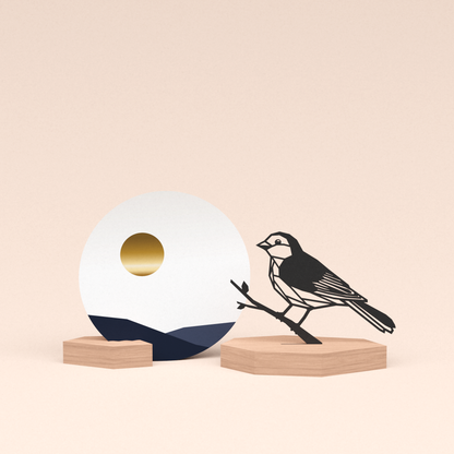 luxe cadeau wenskaarthouder met vogel | mus illustratie en ronde wenskaart zonsondergang 